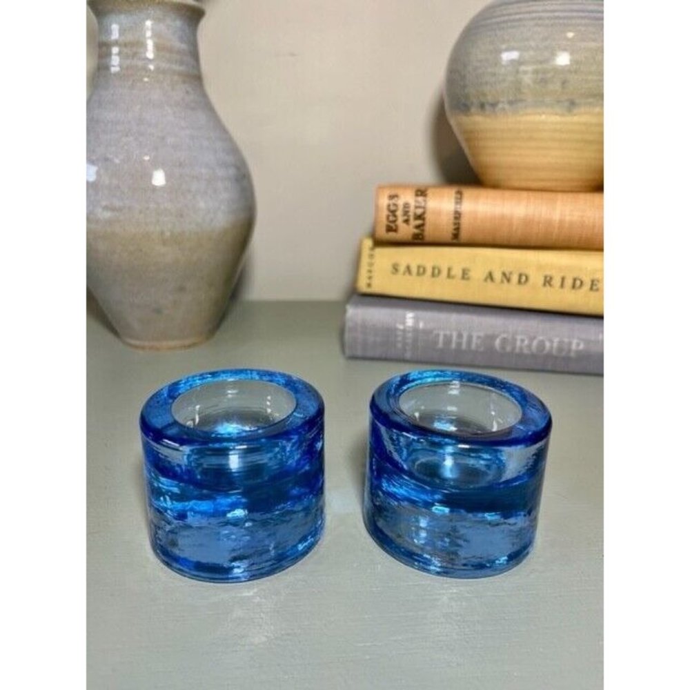 Vintage Set Of 2 Blue Glass Votive Candle Holders - Heavy Glass - Sky Blue